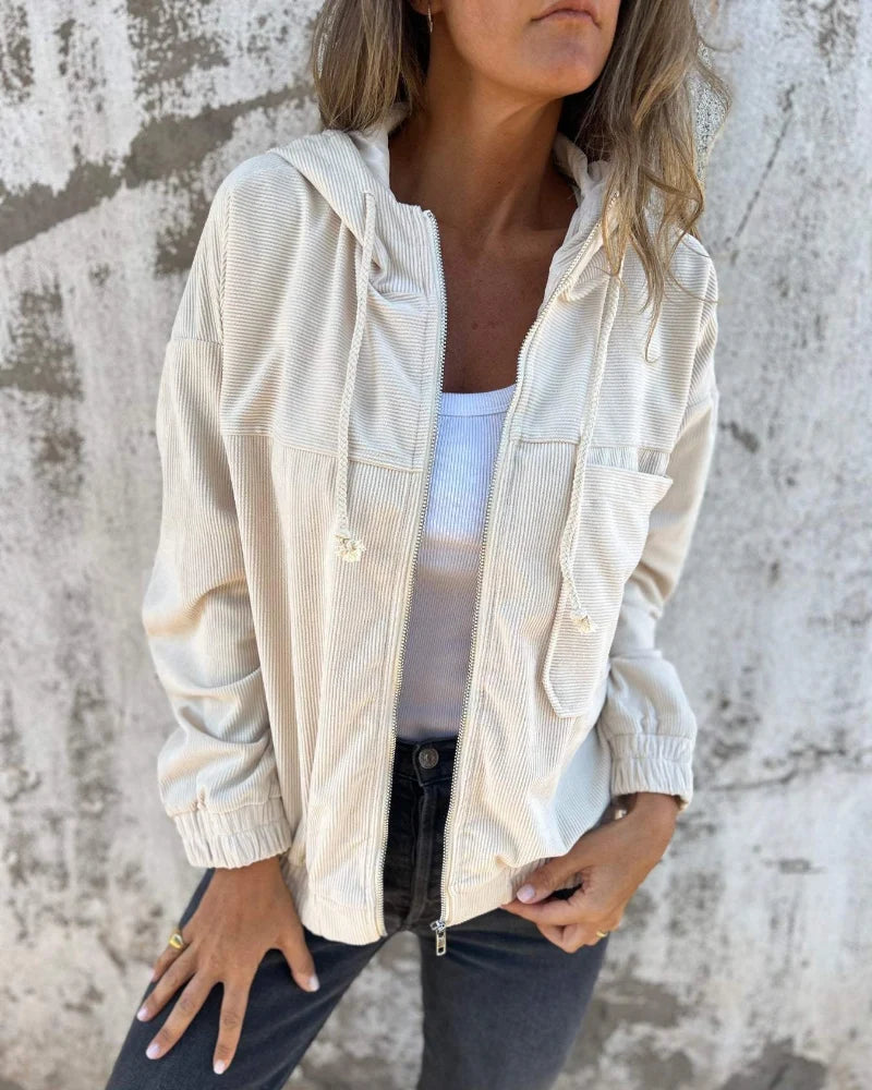 Women's white corduroy hooded jacket with front zip