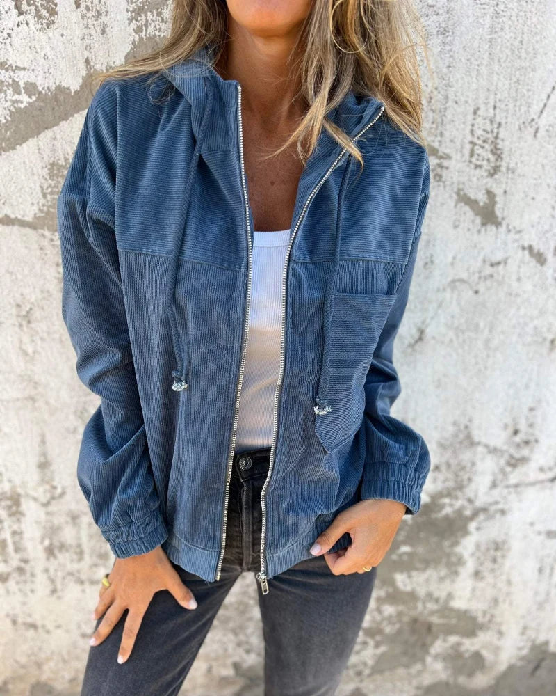 Women's blue corduroy hooded jacket with front zip