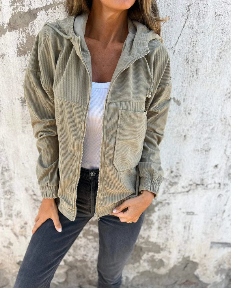 Women's green corduroy hooded jacket with front zip