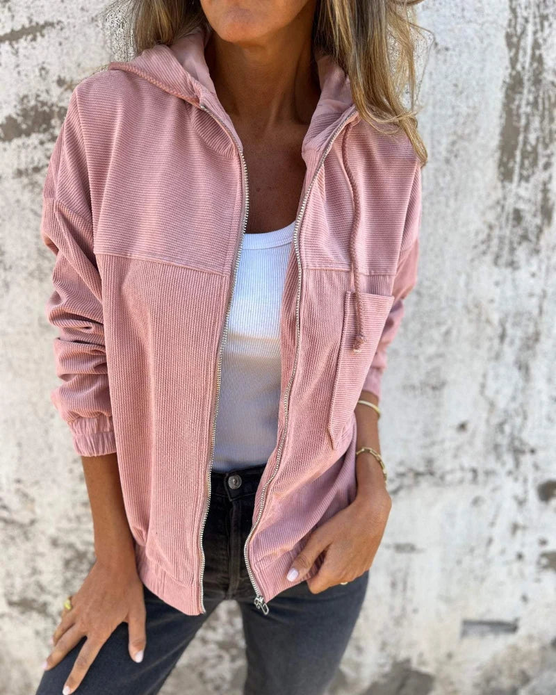 Women's pink corduroy hooded jacket with front zip