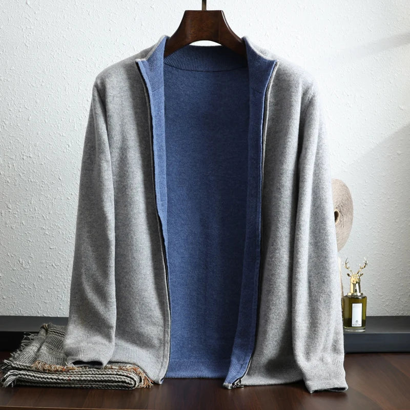 Light gray cashmere zip-up jacket with contrast lining
