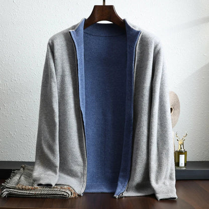 Light gray cashmere zip-up jacket with contrast lining