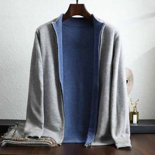 Light gray cashmere zip-up jacket with contrast lining