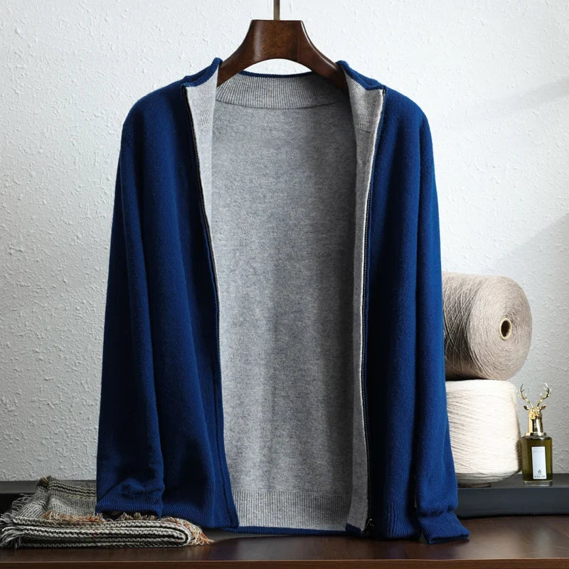 Navy blue cashmere zip-up jacket with contrast lining