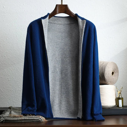Navy blue cashmere zip-up jacket with contrast lining
