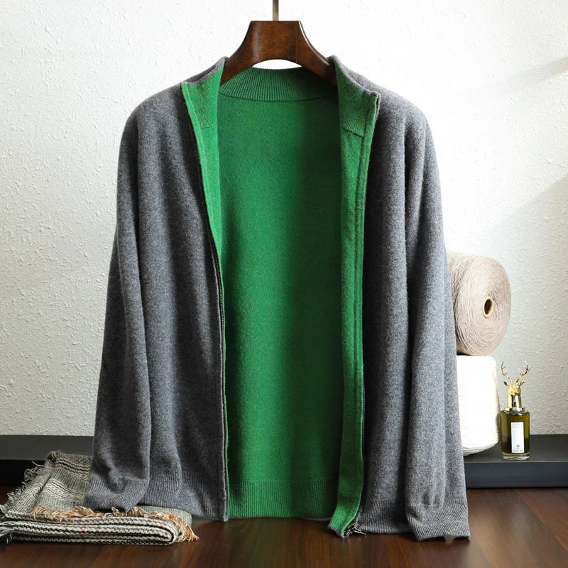 Dark gray cashmere zip-up jacket with contrast lining