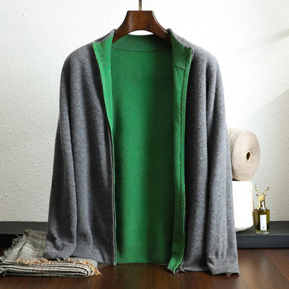 Dark gray cashmere zip-up jacket with contrast lining
