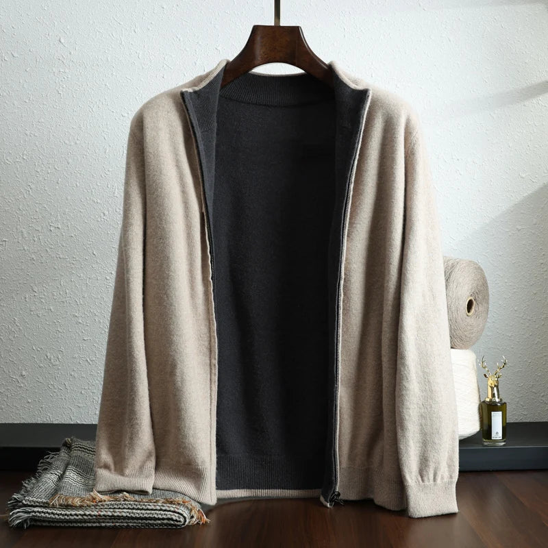 Khaki cashmere zip-up jacket with contrast lining