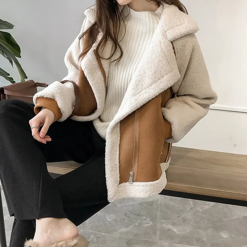 Sadie faux shearling jacket worn, lifestyle shot