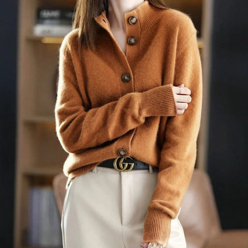 Women's merino wool blend cardigan with mock neck