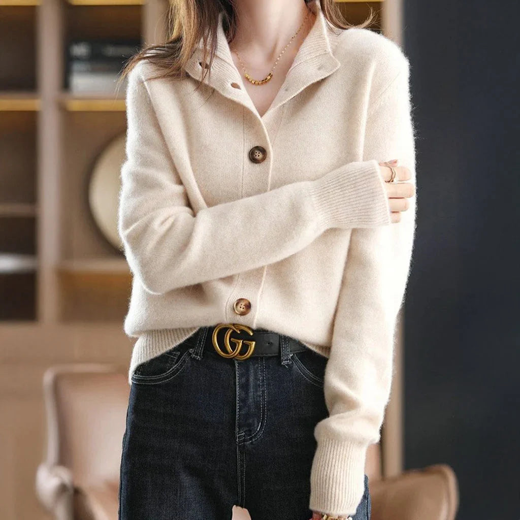 Women's beige merino wool blend cardigan with mock neck