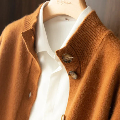 Women's merino wool blend cardigan with mock neck