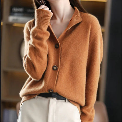 Women's merino wool blend cardigan with mock neck