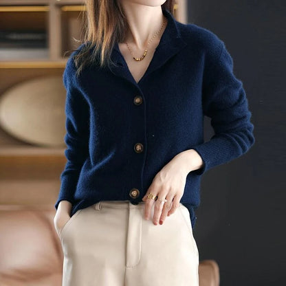 Women's navy blue merino wool blend cardigan with mock neck