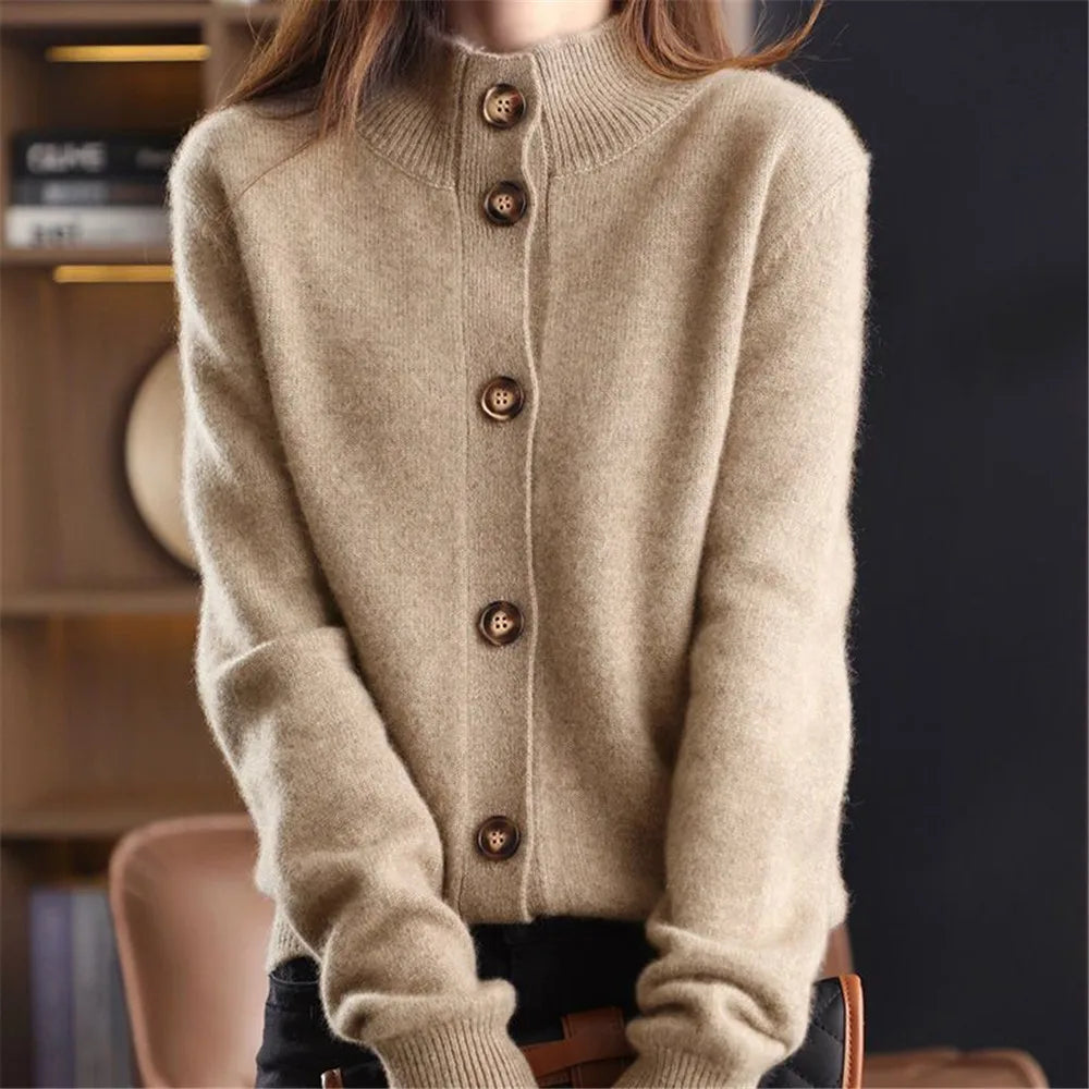 Women's camel merino wool blend cardigan with mock neck