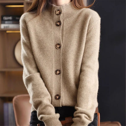 Women's camel merino wool blend cardigan with mock neck
