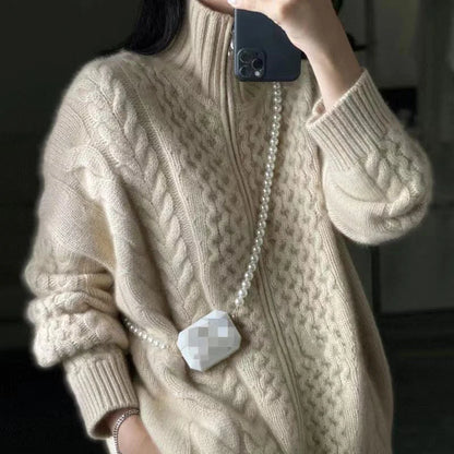 Women's beige cashmere cardigan with zip front