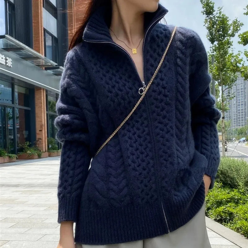 Women's navy blue cashmere cardigan with zip front