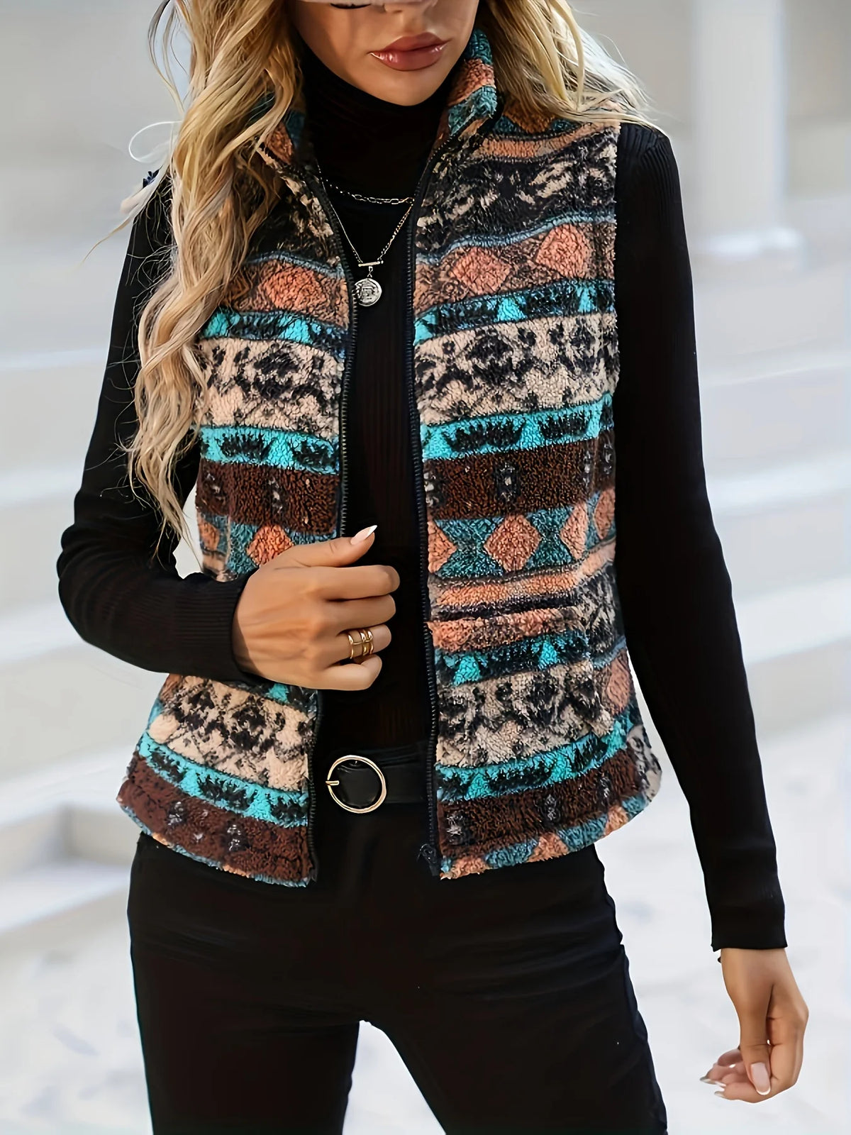 Women's Patterned Zip Vest, Fall Layering Piece