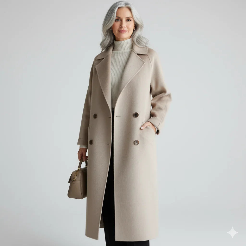Beige Double-Breasted Notch-Lapel Longline Coat with Set-In Pockets
