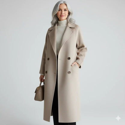 Beige Double-Breasted Notch-Lapel Longline Coat with Set-In Pockets