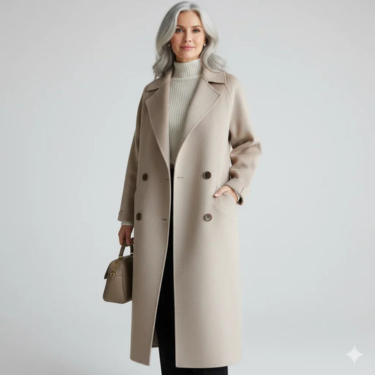 Beige Double-Breasted Notch-Lapel Longline Coat with Set-In Pockets