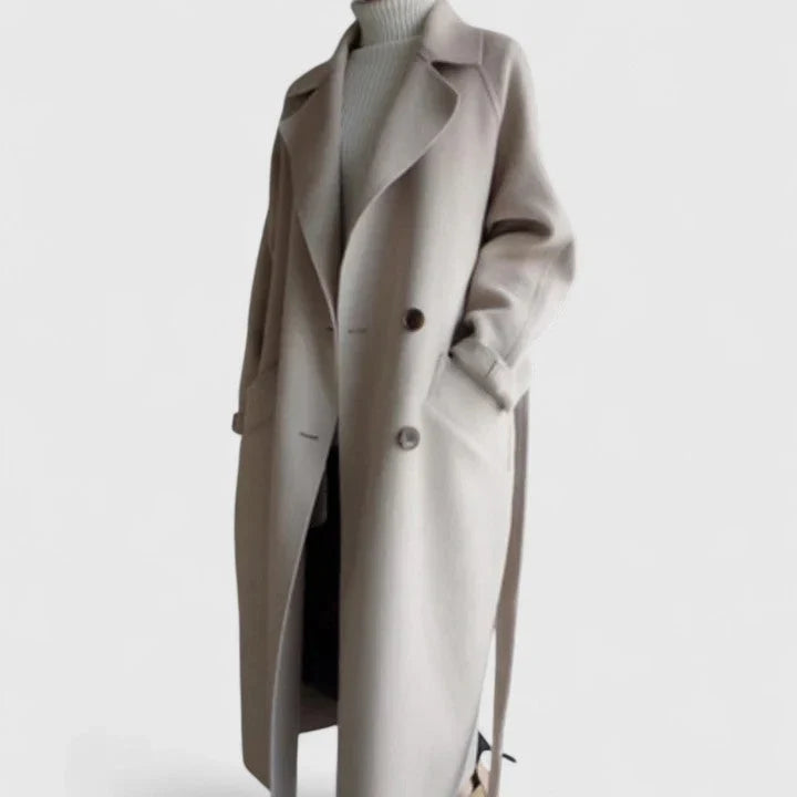 Double-Breasted Notch-Lapel Longline Coat with Set-In Pockets