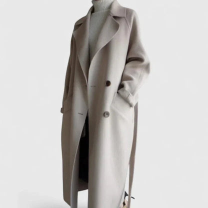 Double-Breasted Notch-Lapel Longline Coat with Set-In Pockets