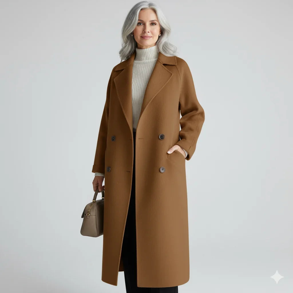Brown Double-Breasted Notch-Lapel Longline Coat with Set-In Pockets