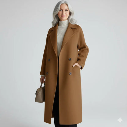 Brown Double-Breasted Notch-Lapel Longline Coat with Set-In Pockets