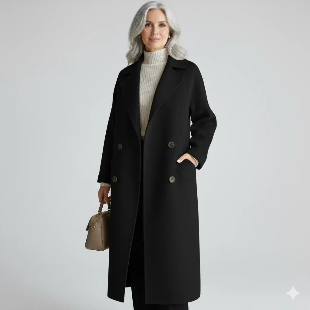 Black Double-Breasted Notch-Lapel Longline Coat with Set-In Pockets