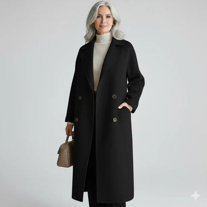 Black Double-Breasted Notch-Lapel Longline Coat with Set-In Pockets