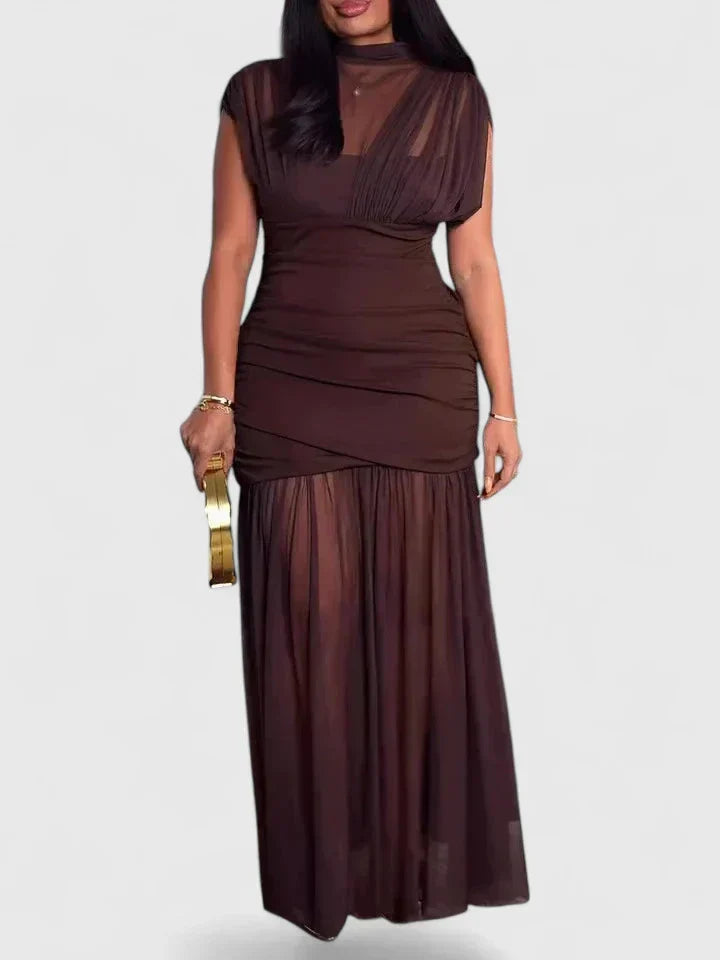 Brown High-Neck Draped Maxi Dress with Adjustable Straps