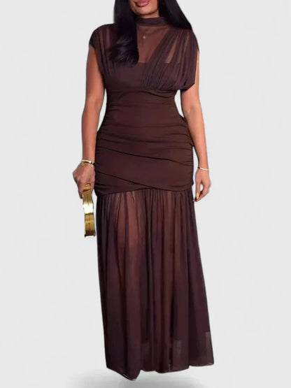 Brown High-Neck Draped Maxi Dress with Adjustable Straps