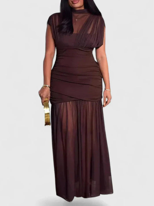 Brown High-Neck Draped Maxi Dress with Adjustable Straps
