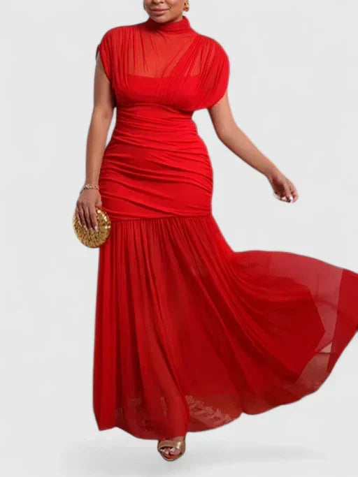High-Neck Draped Maxi Dress with Adjustable Straps