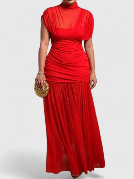 Red High-Neck Draped Maxi Dress with Adjustable Straps