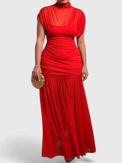 Red High-Neck Draped Maxi Dress with Adjustable Straps