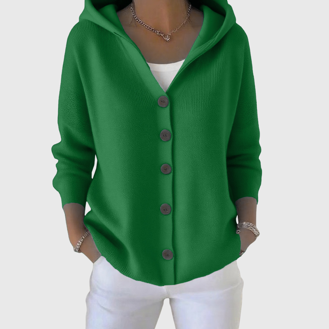 Dark Green Relaxed Hooded Button-Front Cardigan