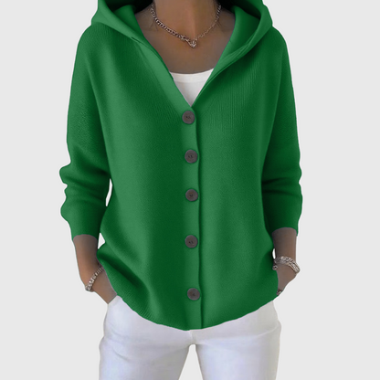 Dark Green Relaxed Hooded Button-Front Cardigan