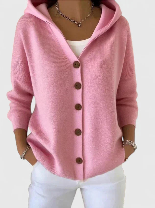 Pink Relaxed Hooded Button-Front Cardigan