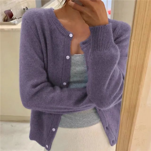 Women's grey cropped button front knit cardigan