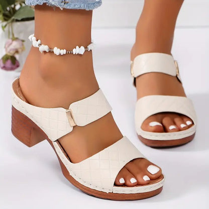 Women's black cushioned block heel sandals with woven open toe