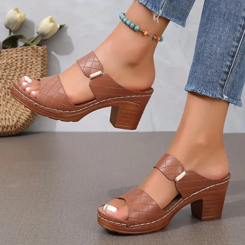 Women's black cushioned block heel sandals with woven open toe