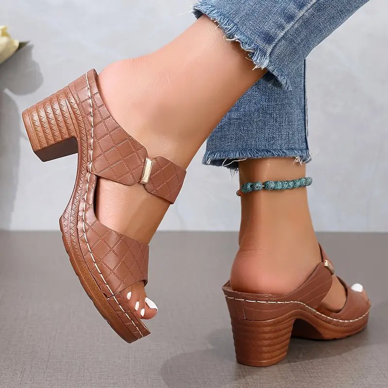 Women's black cushioned block heel sandals with woven open toe