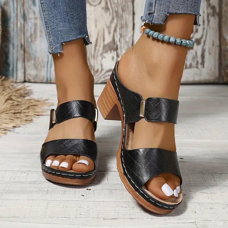 Women's black cushioned block heel sandals with woven open toe
