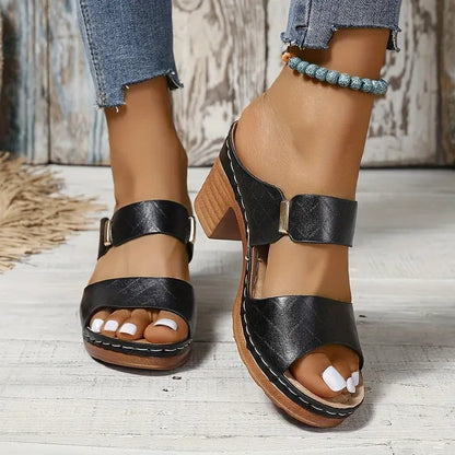 Women's black cushioned block heel sandals with woven open toe