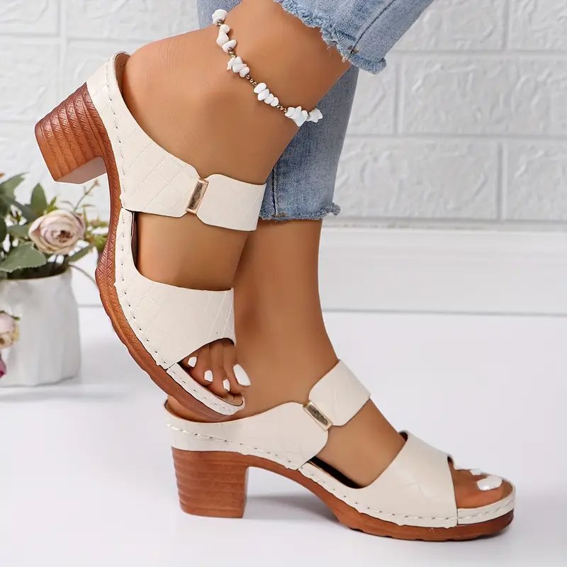 Women's black cushioned block heel sandals with woven open toe