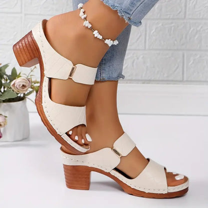 Women's black cushioned block heel sandals with woven open toe
