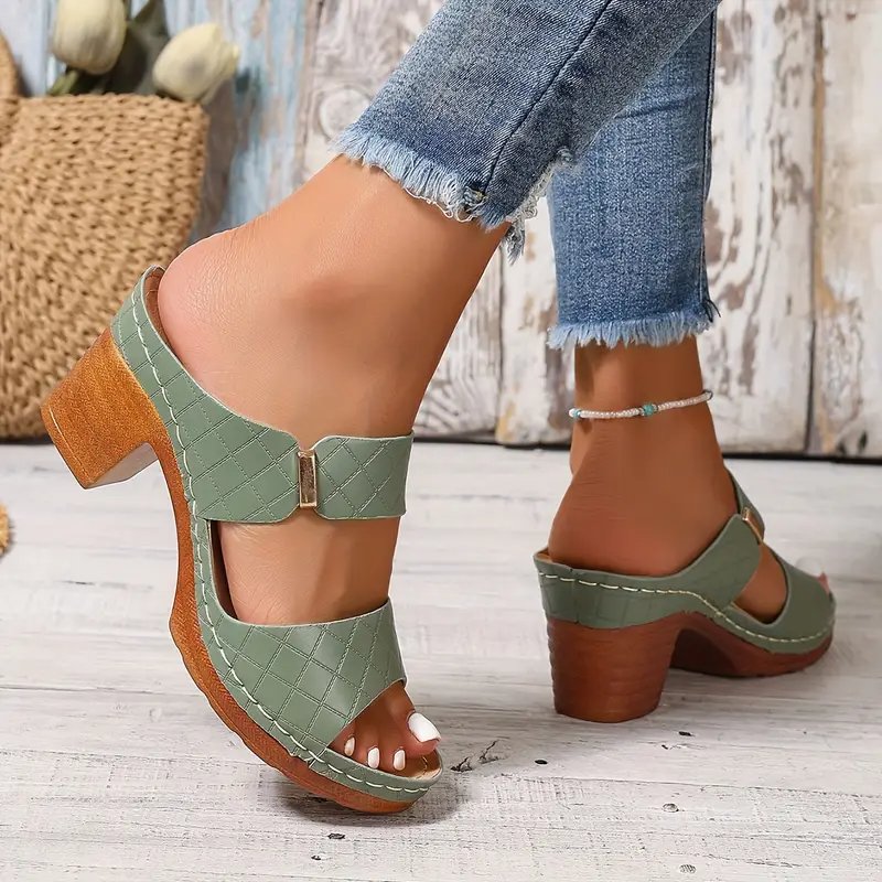 Women's black cushioned block heel sandals with woven open toe